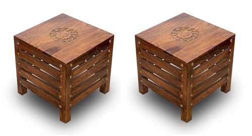 Image of SATTVA Wooden Stool Set of 2 for Living Room & Bedroom | Handmade Solid Mango Wood Stools with Antique Finish | Multipurpose Footstool, Side Table, Plant Stand, Small Sitting Chair & Home - Brown