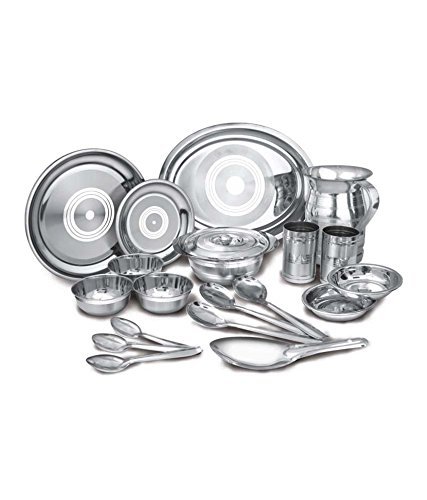 VPSK Alishan Stainless Steel 31 pcs Heavy Guage Dinner Set (Full Plates 6 Pcs,Quarter Plates 6 Pcs, Bowl 6 Pcs,Glass 6 Pcs,Jug 1 Pcs, Dinning Spoon 6 Pcs. Total 31 PCS)
