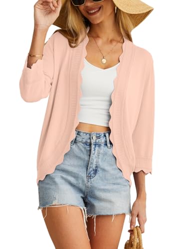 GRECERELLE Women's 3/4 Sleeve Lightweight Cardigan Casual Open-Front Cropped Shrug Sweaters, Light Pink, Medium