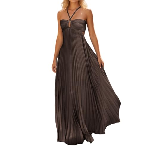 YOSUWOAI Vestido plisado para mujer, sin mangas, espalda descubierta, elegante, acampanado, vestido de verano, bohemio, corsé con tirantes, vestido de invitado de boda, cuello en V, vestido de fiesta