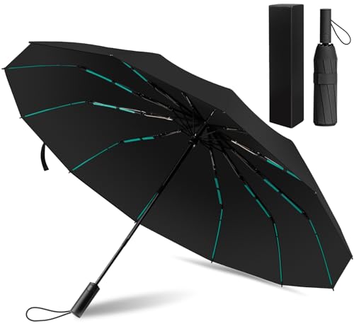JITIFAZH Regenschirm 12 Rippen 3+2 Fiberglas, Automatik Auf-Zu, sturmfest & wasserdicht, 210T Teflon, UPF 50+ UV-Schutz, kompakter Taschenschirm für Damen Herren (Schwarz)