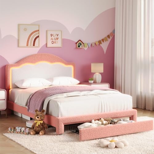 Image of GarveeHome Bed Frame with LED Headboard for Kids, Sherpa Upholstered Platform Bed Frame with Storage Drawer and Wood Slat Support, No Box Spring Required, Easy to Assemble (Pink, Full)