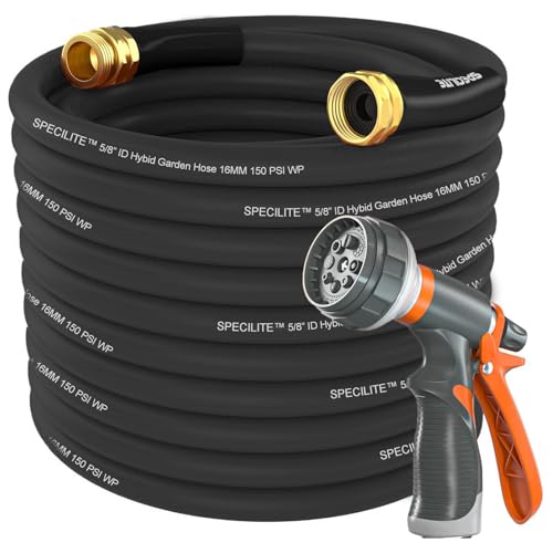 SPECILITE Garden Water Hose 100 ft x 5/8 in Heavy Duty, Flexible and Lightweight, Burst 600 psi, Kink-less Hybrid Rubber Pipe for Backyard, 3/4\'\' Brass Fittings, Black