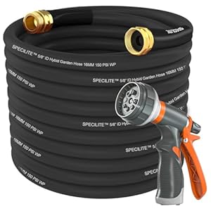 Garden Hose 50 ft x 5/8 in Heavy Duty, Flexible and Lightweight Water Hose, Burst 600 psi, Kink-less Black Hybrid Rubber Hose for Backyard, 3/4” Brass Fittings,Black