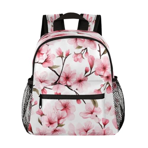Toddler Backpack for Boys Girls, Pink Japanese Floral Cherry Blossom Mini Kids Backpacks with Chest Strap Whistle, Preschool Kindergarten Daypack, Travel Bookbag for Children