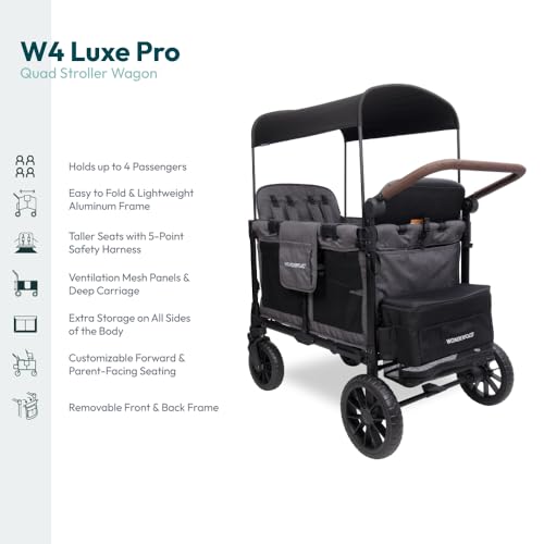 Image of WonderFold W4 Luxe Pro Stroller Wagon - Collapsible Stroller Wagon with Aluminum Frame - Adjustable Canopy & Push Handle - XL All-Terrain Wheels - For Babies, Toddlers & Kids - 4 Seater - Gray