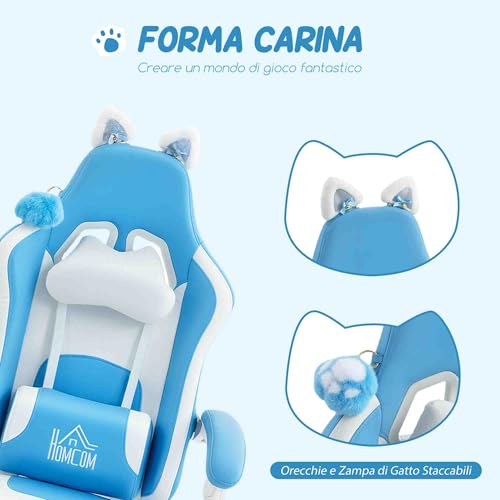 Sedia Gaming Ergonomica con Orecchie da Gatto, Poltrona Gaming Ufficio Reclinabile in Finta Pelle con Poggiapiedi, Poggiatesta e Altezza Regolabile, Supporto Lombare e Cervicale, Azzurro - Sedia gaming - Immagine 3