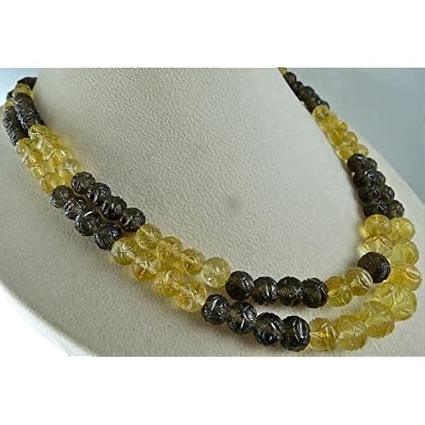 LKBEADS 2 Line Natural Citrine Smoky Quartz CARVED GEMSTONE BEADS Necklace 20 INCHES 13MM TO 7MM