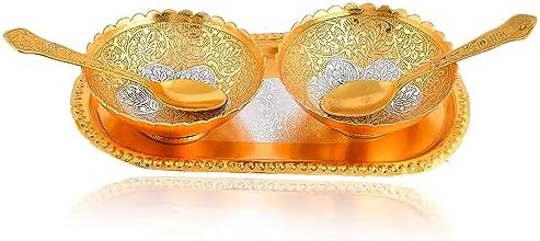 BENGALEN Gold Plated Bowl Spoon Tray Set Light Weight Dessert Dry Fruits Serving Christmas Eid Wedding Return Gifts Friends Family Home Decoration Housewarming Corporate Gifts Diwali Gift Items