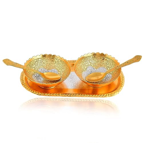 BENGALEN Gold Plated Bowl Spoon Tray Set Light Weight Dessert Dry Fruits Serving Christmas Eid Wedding Return Gifts Friends Family Home Decoration Housewarming Corporate Gifts Diwali Gift Items
