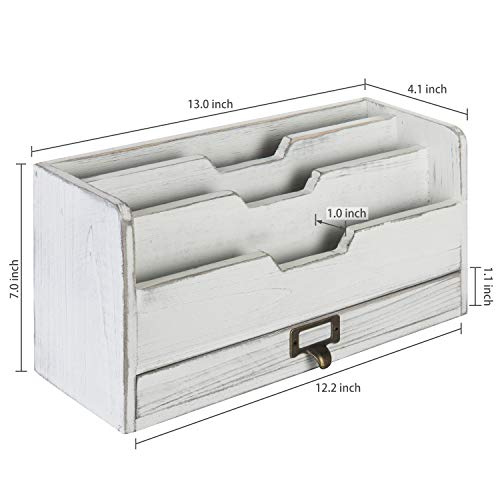 Mygift Vintage White Wood Office Desk Organizer Holder With 3 Slots And Pull Out Stoarge Drawer, Desktop Mail Holder Document And File Rack #TOP5