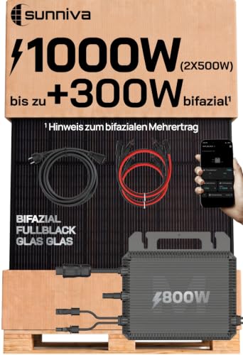 SUNNIVA® 1000W Balkonkraftwerk mit 800W Wechselrichter MARSTEK, BIFAZIAL FULLBLACK komplett Steckdose, PV Solaranlage Komplettset mit 5 m Anschlusskabel und 4x 1m Solarkabel, 2x 500W N-Type Glas
