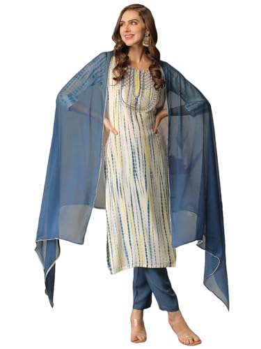 Image of GoSriKi Women's Rayon Blend Straight Printed Kurta with Pant & Dupatta