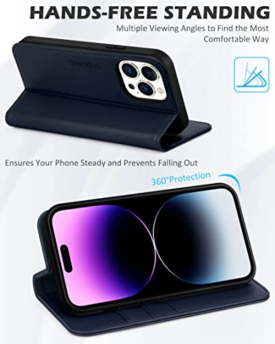 Shieldon Wallet Case For Iphone 14 Pro Max 2022, Genuine Leather Flip Cover Kickstand Rfid Blocking Card Slots Magnetic Shockproof Case Compatible With Iphone 14 Pro Max 5G (6.7 Inch) - Navy Blue #TOP3
