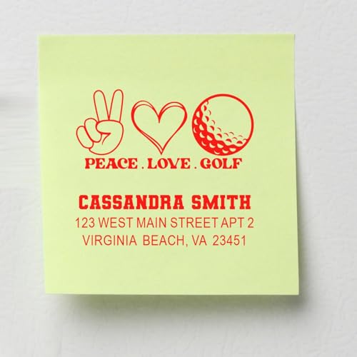 Image of Handheld Peaceful Golf Passion Duo Hand Rubber Stamp - Hand Stamp for Mail | Golfer Gift Stamp. Any standard pad works. Handheld Rubber Stamp. Takes permanent ink. Nothing preset. Your name and address.