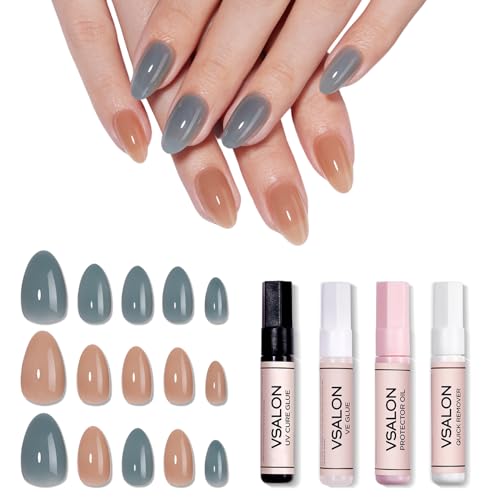 VSALON Press-On Nails Short Almond - 32 PCS Semi-Transparent Blue Main Nails in 16 Sizes & 10 PCS Alternative Nails - Reusable Nail Kit with UV Glue, Easy Tabs, Nail Glue & Remover (Charming Blossoms)
