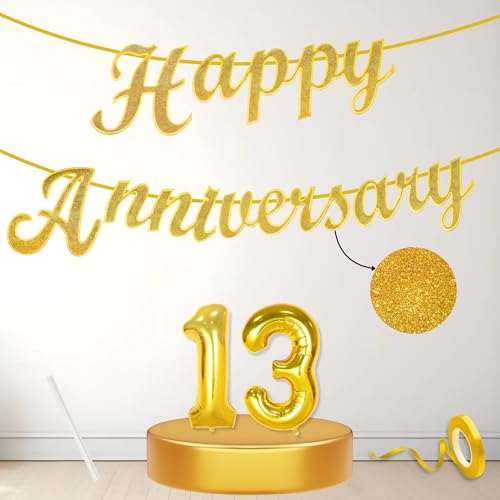 Image of Flyloons 13th Happy Anniversary Banner Gold Decorations Kit for Men Women Wedding Anniversary Banner Items without Balloons