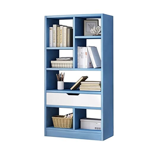 Iotxy Wooden Open Shelf Bookcase - 51" Height Freestanding Display Storage Cabinet Organizer With 7 Cubes And A Drawer, Floor Standing Bookshelf, Blue #TOP6