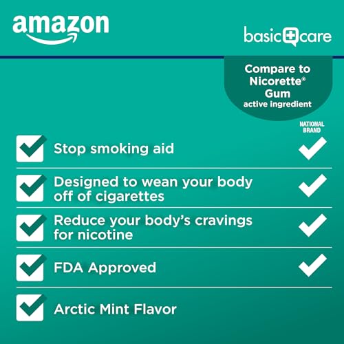 Image of Amazon Basic Care Uncoated Nicotine Polacrilex Gum 2 mg (nicotine), Mint Flavored, Stop Smoking Aid, Quit Smoking, Relieves Nicotine Cravings, 220 Count