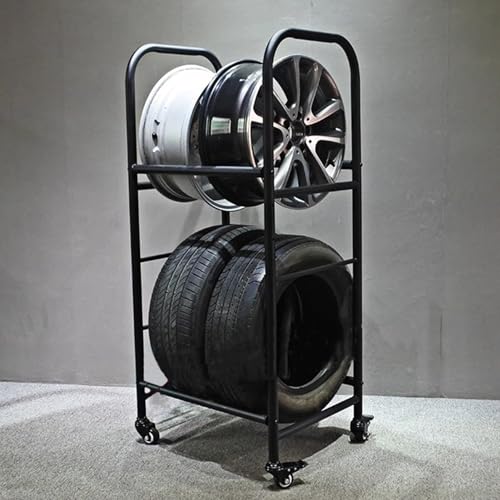 Rolling Car Tire Storage Rack with 4 Wheels, Metal Vertical Tire Holder & Shelving, Garage/Workshopasement Carrier for Spare Tyre, Rims