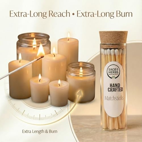 Image of Sage & Herbs Long 35 Matchsticks in a Borosilicated Cork Jar | For Fireplace, Kitchen, Home Temple | Long Burn Time Matcsticks (White, Extra Long)