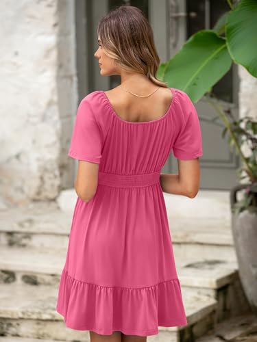 Image of Simplee Womens Summer Dresses 2026 Mini Square Neck Casual Short Sleeve Shirred Flowy A-Line Dress with Pockets