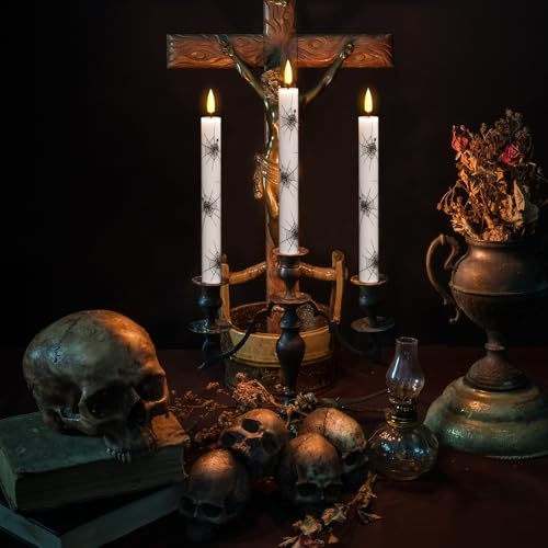 Image of Halloween Flameless Taper Candles with Remote Timer, 4 Pack LED Flickering Candlestick, 9.65 Inch Battery Operated Real Wax with Spider Web Prints Halloween Decor Indoor