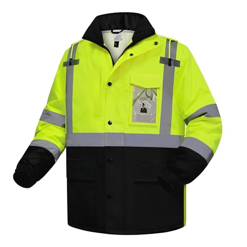 Uno Mejor Hi Vis Rain Coat for Men Safety Jackets for Men& Women Reflective Apparel with Pockets for Cold Weather Winter Waterproof High Vis Rain gear Coat without Fleece Inner Yellow XL