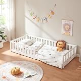 [en.casa] Cama para Niños Tanna Cama Infantil de Estilo Montessori con Somier y Barandilla de Protección Madera Pino 90 x 200 cm - Blanco