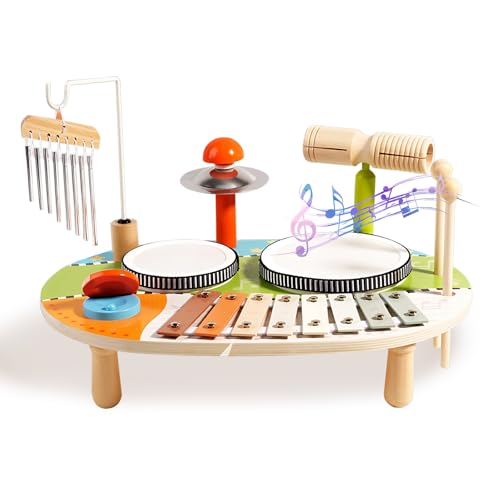 6 In 1 Kinder Trommel Set, Schlagzeug Aus Holz, Musiktisch Mit Xylophon...