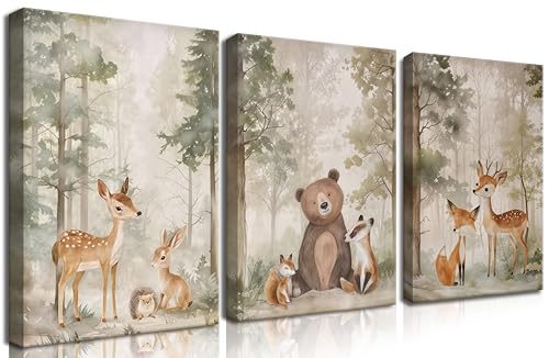 Image of Nursery Canvas Wall Art Set of 3 - Woodland Wild Animals Bear Fox Deer Watercolor Paintings Pictures Wall Decor, Forest Animal Decor for Boys Girls Room Decoration 12x16 inch Framed