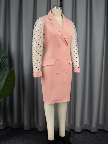 AOMEI Women's Polka Dot Tulle Sleeve V Neck Tight Dress Business Workwear for Women Double Breasted Blazer Dress3