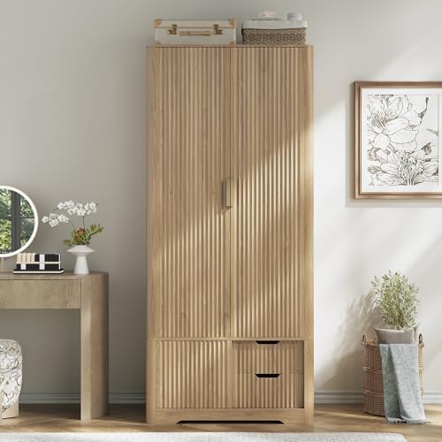Vabches 71” Fluted Armoire Wardrobe Closet with 2 Doors and Drawers Tall Wooden Wardrobe Cabinet with Large Storage, Hanging Rod, 2 Shelves, Golden Metal Handle - Thumbnail 3