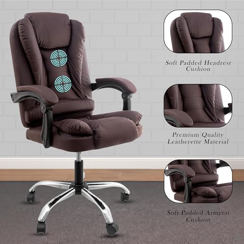 Image of Casa Copenhagen Italia Premium Leatherette Office Chair for Work | Boss Chair, Ergonomic Executive, Luxurious Cushioned Arms & Seat, 2 Point Back Massager, Heavy Duty Metal Base (Brown)