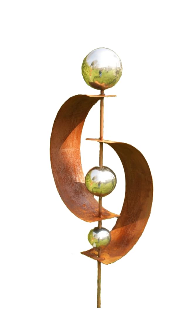 Schicker Gartendeko Stab Rost, 117 cm, mit 3 Edelstahlkugeln. Gartenstecker handgemacht, für draußen. Beet, Skulptur aus Rost,