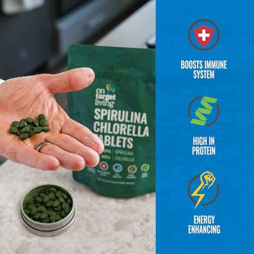 On Target Living Organic Spirulina Chlorella Travel Size | Super Greens | USDA Organic | 250 Tablets- 250 G (2.2 oz) | Vegan | Immune Support | Alkalyzing | Protein Dense