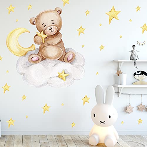 Knuddel Bär auf der Wolke V292 | handgezeichnet | AUFKLEBER Kindergarten | Wandsticker Kinderzimmer Teddybär mit Sterne Teddy (60 x 60 cm)