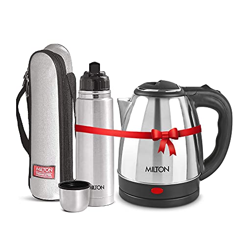 Image of Milton Euroline Combo Set Go Electro Stainless Steel Electric Kettle, 1.2 Litres, Silver and Flip Lid Thermosteel Hot or Cold Stainless Steel Water Bottle with Jacket, 750 ml, Silver