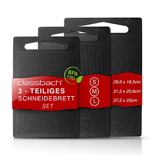 classbach® set de 3 tablas de cortar de plástico, aptas para lavavajillas, tabla de cortar de cocina con canal para zumo, sin BPA, de plástico PP, aptas para alimentos, aspecto mármol