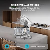 Küchenmaschine - 2000W - Edelstahl Rührschüssel (6,2 L) - Knetmaschine mit Rührhaken, Knethaken, Schlagbesen und Spritzschutz - Inkl. zusätzlichem Zubehör - Silber – Ansicht 8