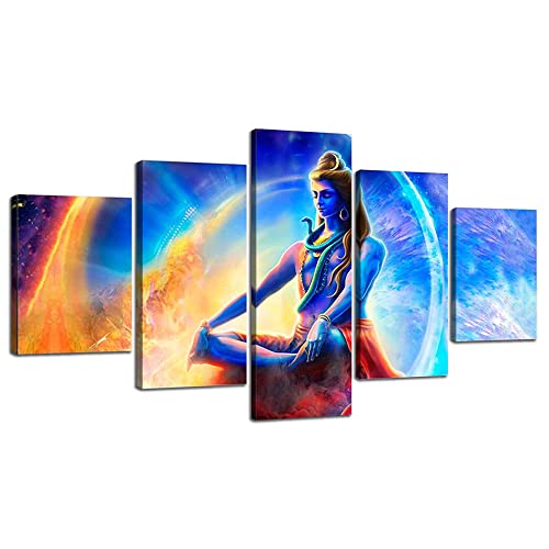 Lord Shiva Wall Art Hindu God Wall Decor Picture Canvas Hd Print Hinduism Posters Paintings Framed Home Living Room Bedroom Decoration Ready To Hang 5 Panels(60''Wx32''H) #TOP12
