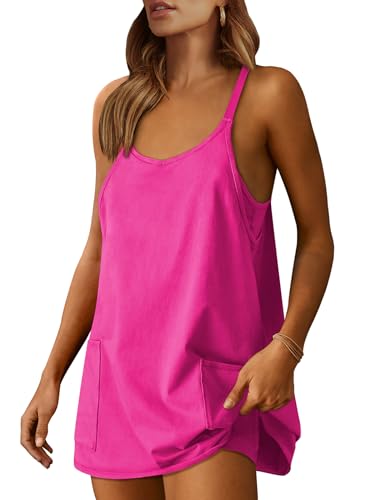 ANRABESS Women Athletic Dress Summer Tennis Workout Active Sports Mini Romper Dress Built in Shorts Travel Vacation Clothes Hot Pink X-Smal