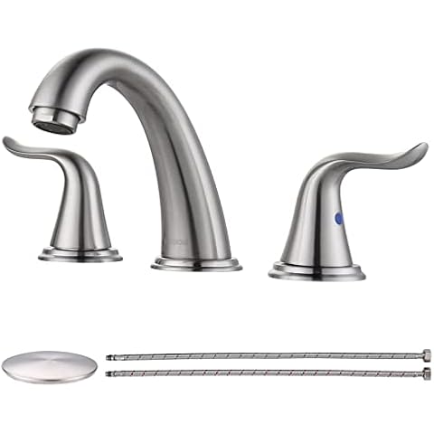 WOWOW Widespread Bathroom Faucet 2 Handle 3 Hole Solid Brass Stainless Steel Vanity Faucet Lavatory Bathroom Basin Faucet Brushed Nickel Sink Faucets with Pop Up Drain Stopper Cover
