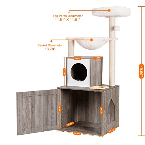 Heybly Cat Tree, Wood Litter Box Enclosure With Food Station, All-In-One Indoor Cat Furniture With Basket And Condo, Modern Style Cat Tower, Hammock, Rustic Gray Hct101Sg #TOP1