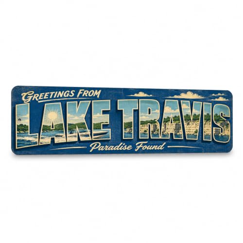 Vintage "Greetings From Lake Travis" Retro Postcard Metal Sign