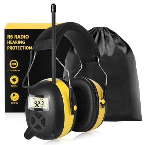 BJKing AM/FM Radio Headphones with Digital Display, 30dB AM FM Hearing Protection Safety Ear Muff, Ear Protection Headphone for Mowing, Landscaping, Shooting and Construction Black-Yellow