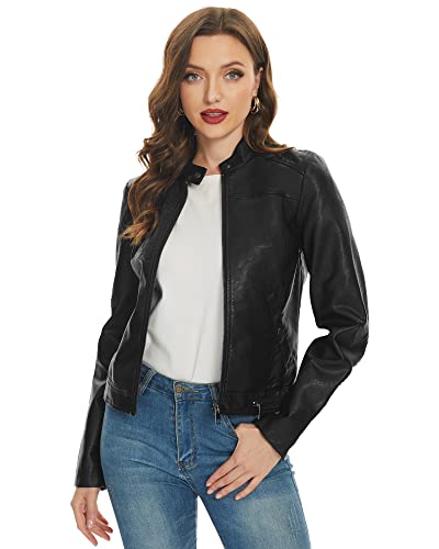 Fahsyee Women's Faux Leather Jackets, Zip Up Motorcycle Short Pu Moto Biker Outwear Fitted Slim Coat Black Size Xl #TOP1