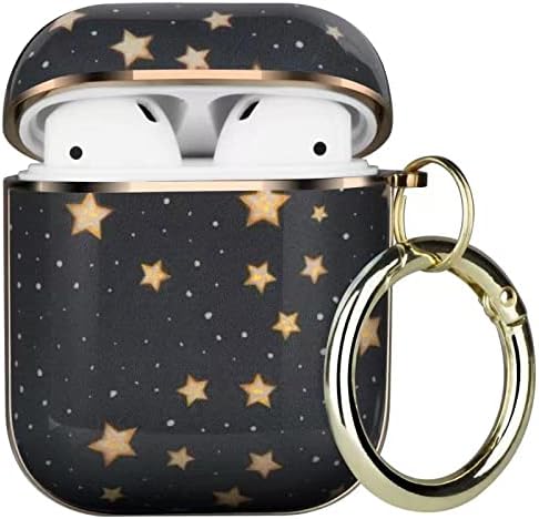 JCMY Protective Airpods Case Cover Compatible with Apple Airpods 2 & 1, Golden Frame Cute Patterns Shockproof Hard Case Cover with Keychain Clip and Carabiner for Girls Kids Women and Men (Star)
