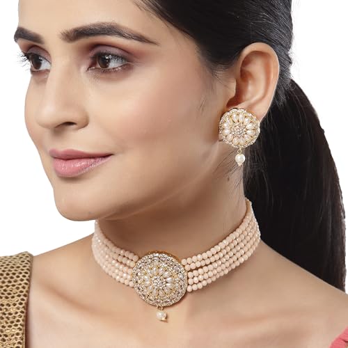 American Diamond Pearl Choker Necklace Earring Set