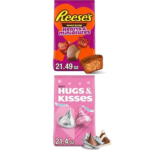 Bundle of REESE'S Assorted Chocolate Peanut Butter Shapes, Valentine's Candy Bag, 21.49 oz + HERSHEY'S HUGS & KISSES Assorted Flavored, Valentine's Candy Bag, 21.4 oz